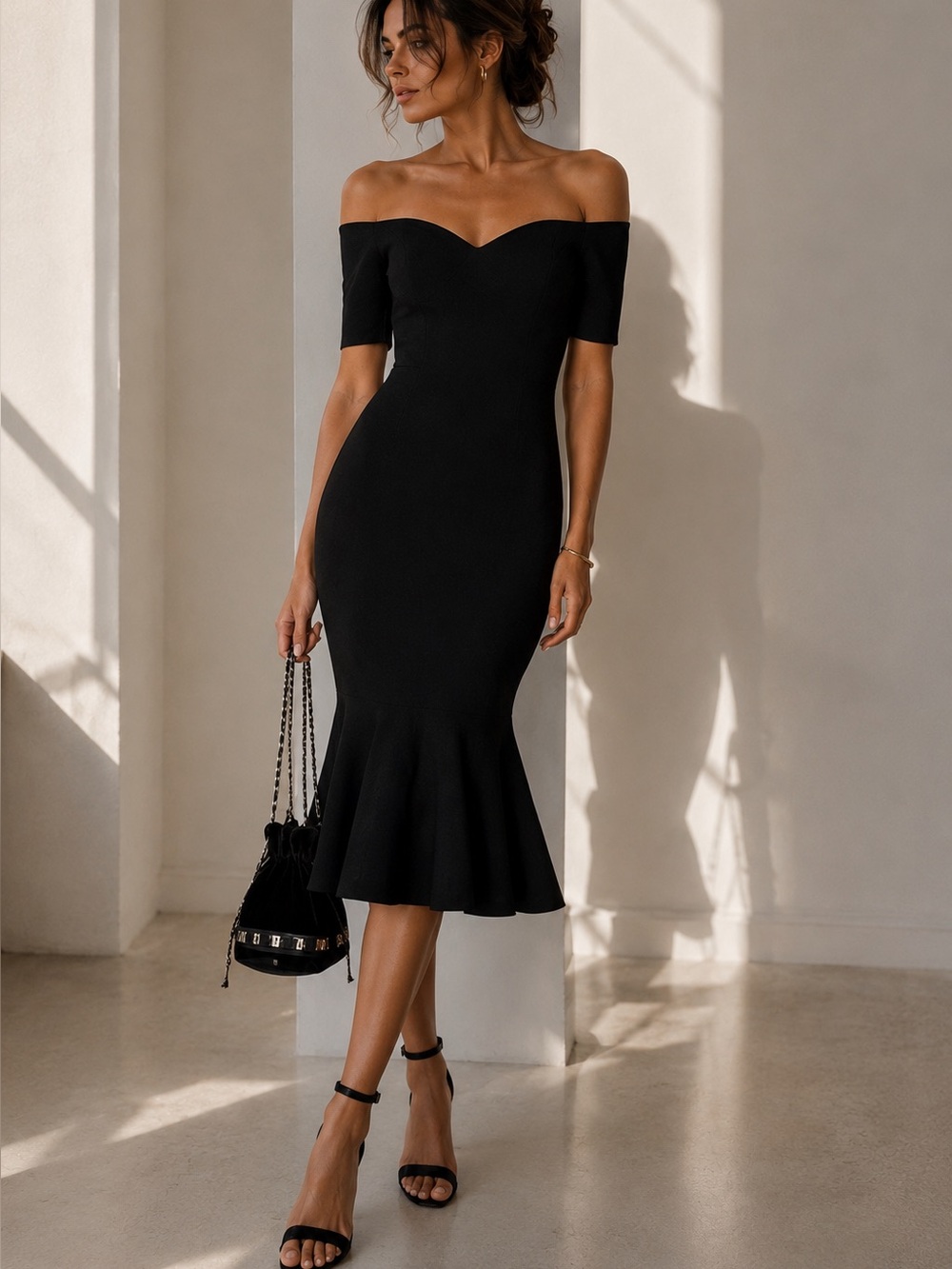 Cinq à Sept Marta Off-Shoulder Midi Dress Black 0 NWT